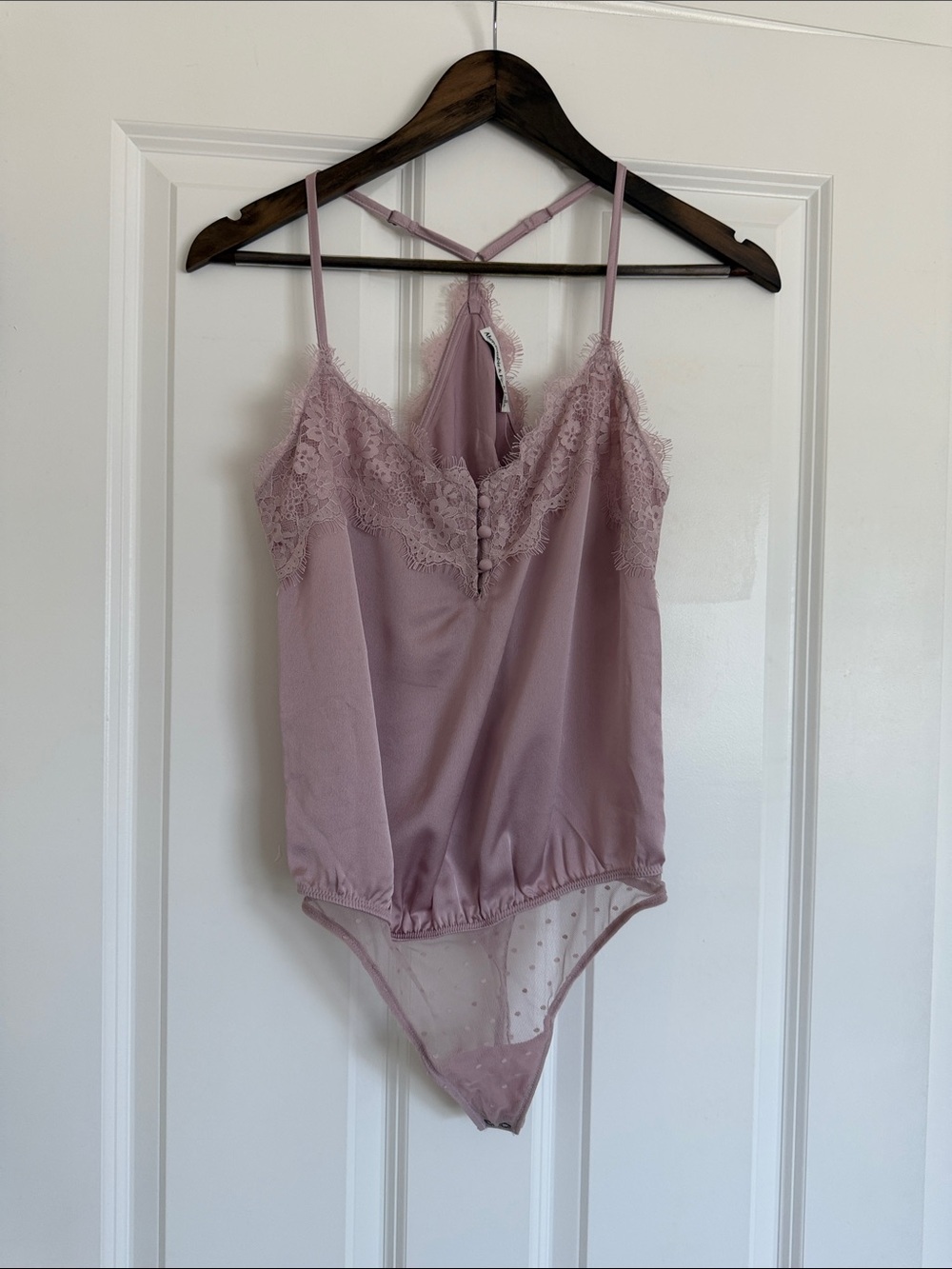 A&F Lace Trim Satin-Feel Bodysuit in Dusty Rose